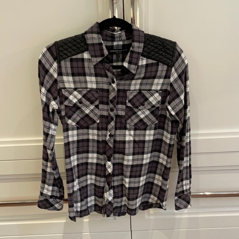 Plaid flannel button down with faux leather detail